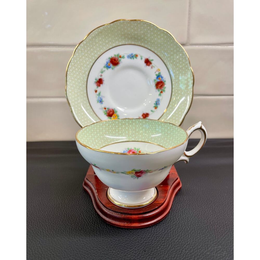 Hammersley Bone China England Tea Cup and Saucer Green and White Floral